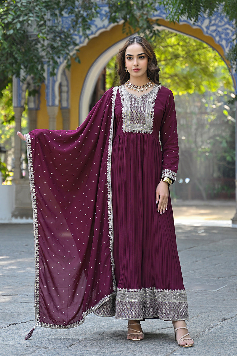 magenta georgette solid yoke design sequined anarkali kurta set