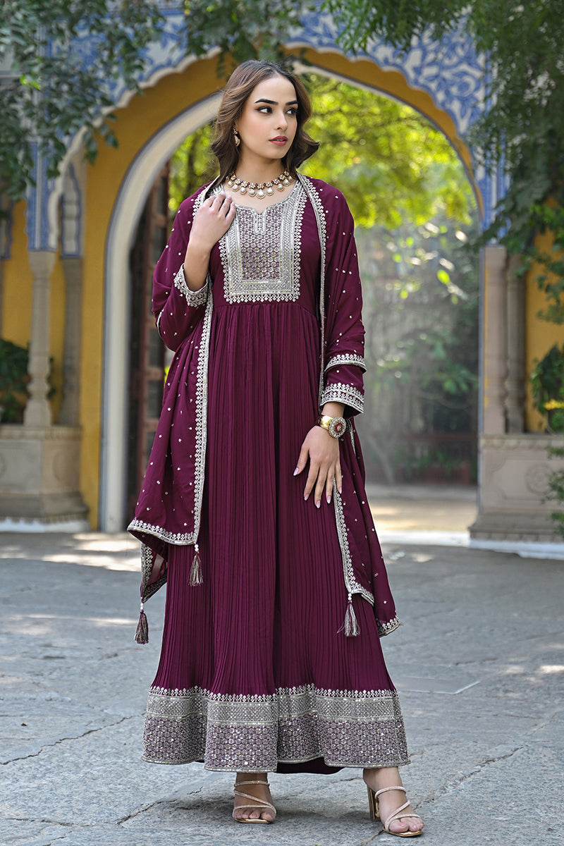 magenta georgette solid yoke design sequined anarkali kurta set