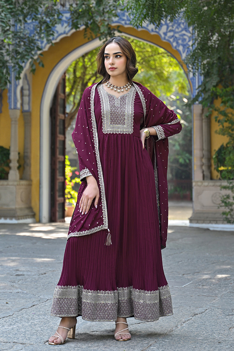 magenta georgette solid yoke design sequined anarkali kurta set