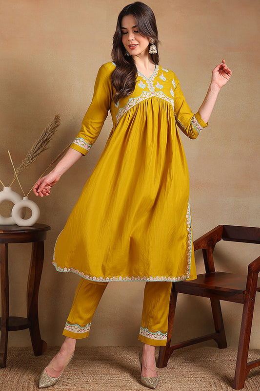 yellow-silk-blend-solid-embroidered-flared-kurta-set-vkset1484