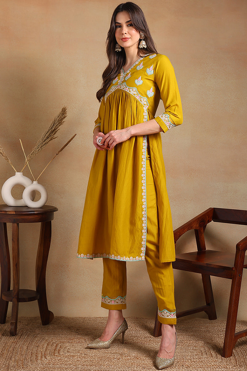 yellow-silk-blend-solid-embroidered-flared-kurta-set-vkset1484