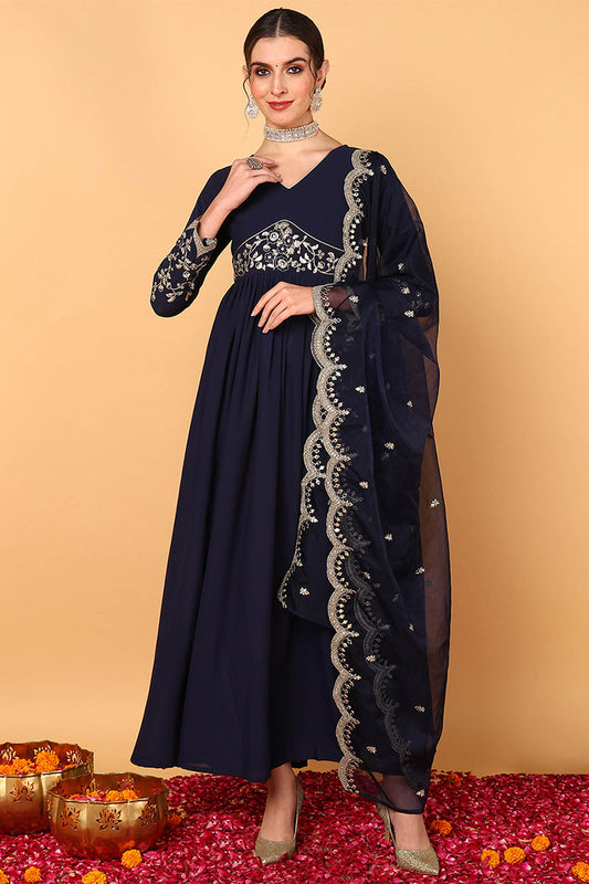 blue georgette embroidered zari work flared kurta set vkset1486