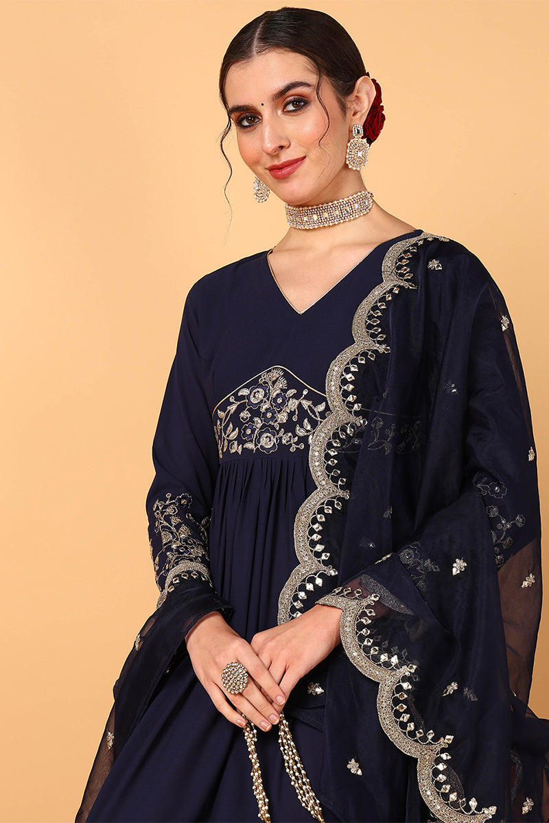 blue georgette embroidered zari work flared kurta set vkset1486
