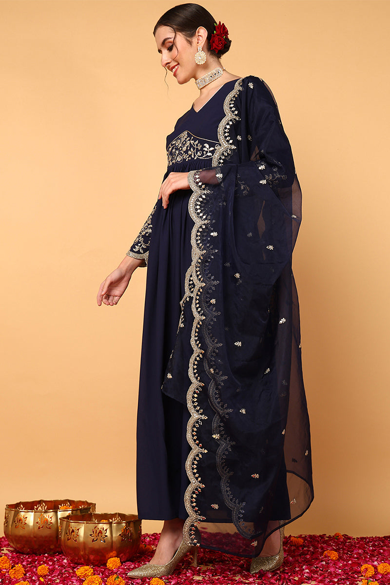 blue georgette embroidered zari work flared kurta set vkset1486