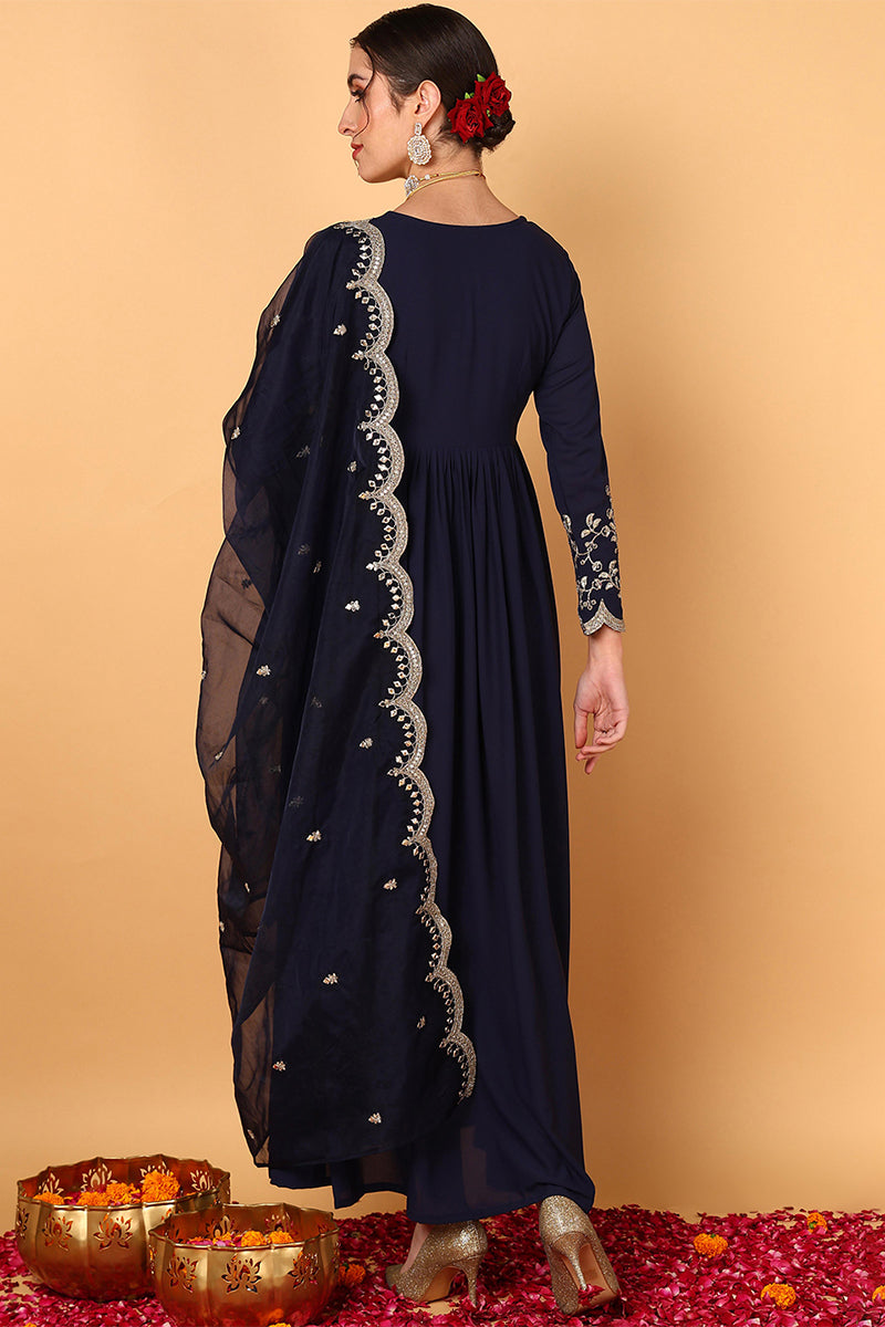 blue georgette embroidered zari work flared kurta set vkset1486