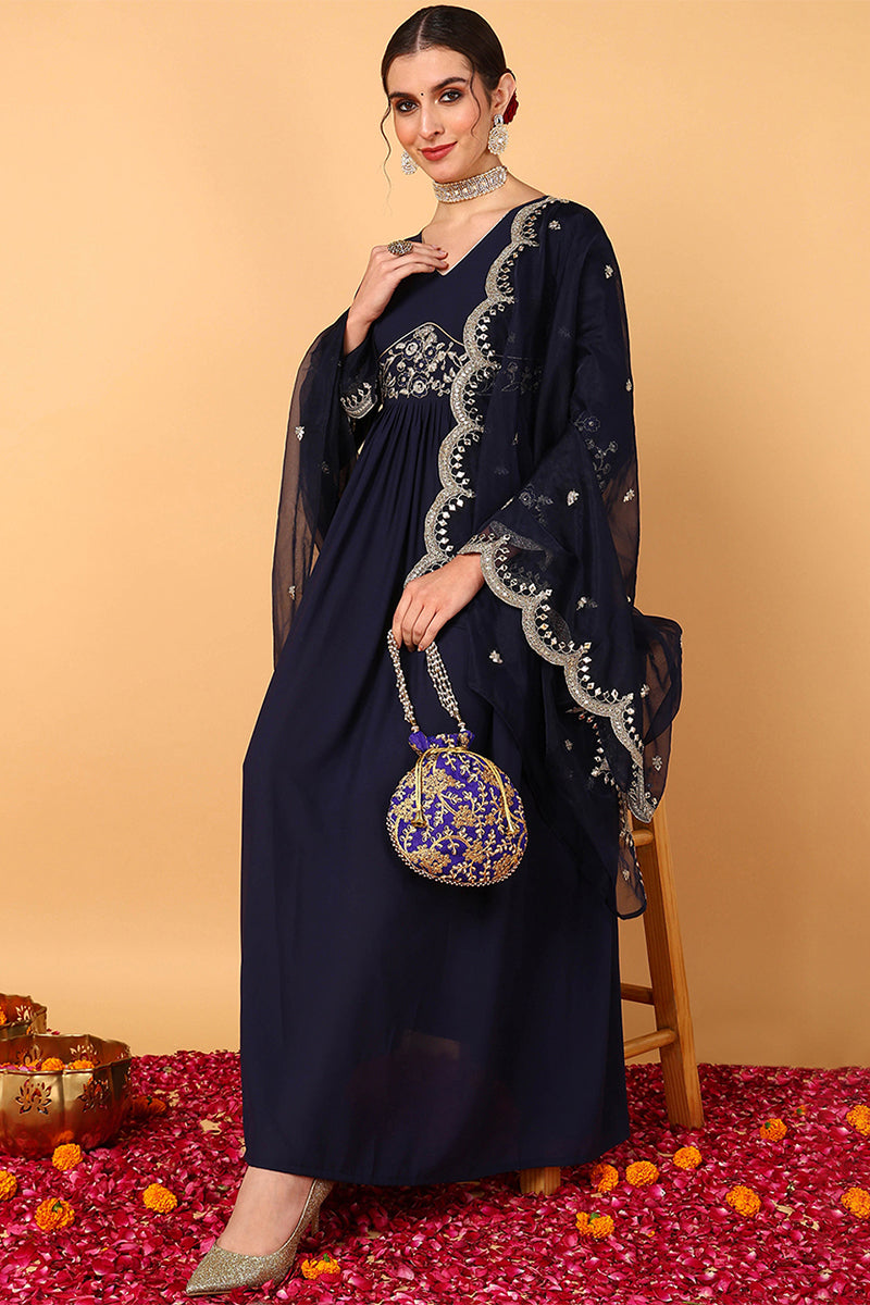 blue georgette embroidered zari work flared kurta set vkset1486