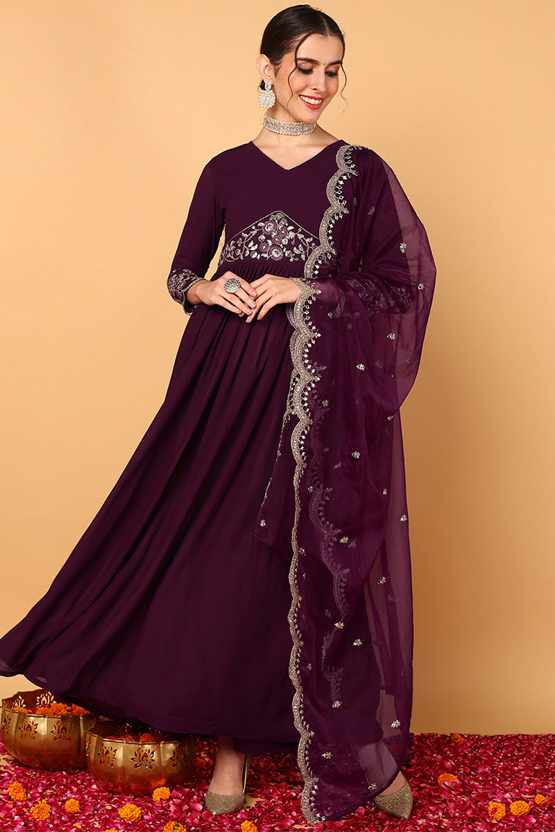 purple georgette embroidered zari work flared kurta set vkset1489
