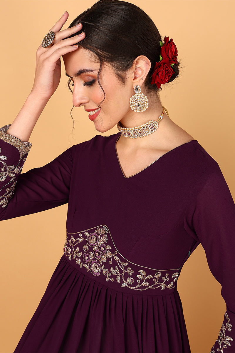 purple georgette embroidered zari work flared kurta set vkset1489