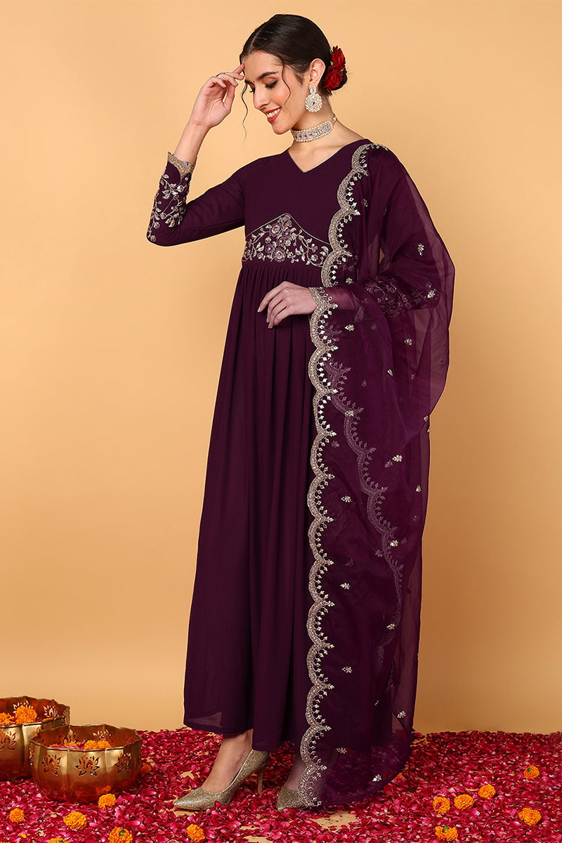 purple georgette embroidered zari work flared kurta set vkset1489