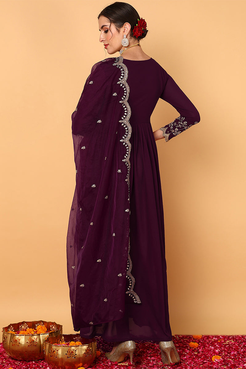 purple georgette embroidered zari work flared kurta set vkset1489