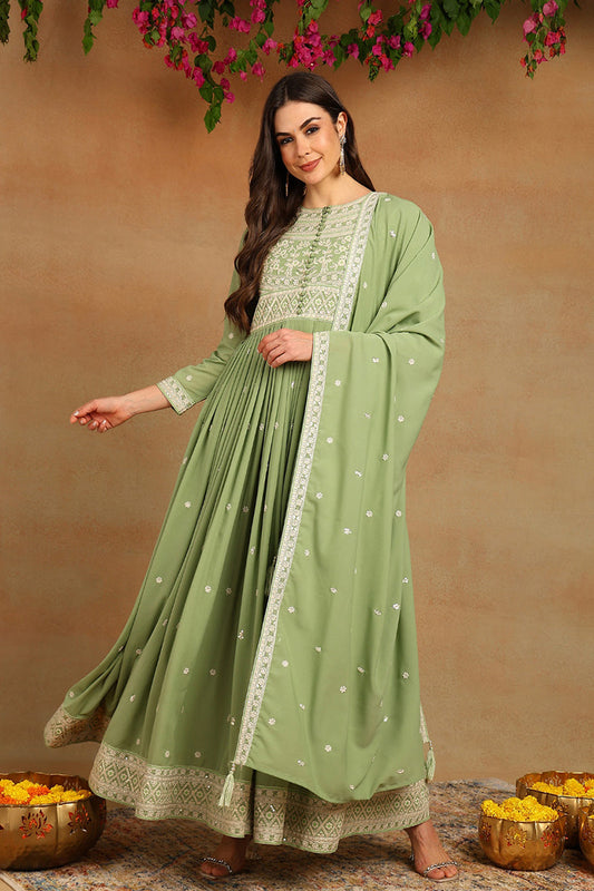 green georgette embroidered thread work flared kurta set vkset1491