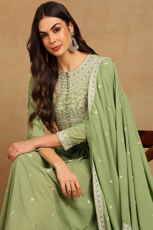 Green Georgette Embroidered Thread Work Flared Kurta Set
