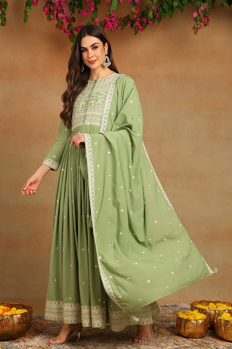 Green Georgette Embroidered Thread Work Flared Kurta Set