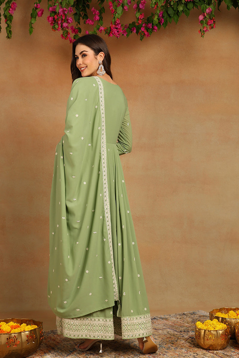 Green Georgette Embroidered Thread Work Flared Kurta Set
