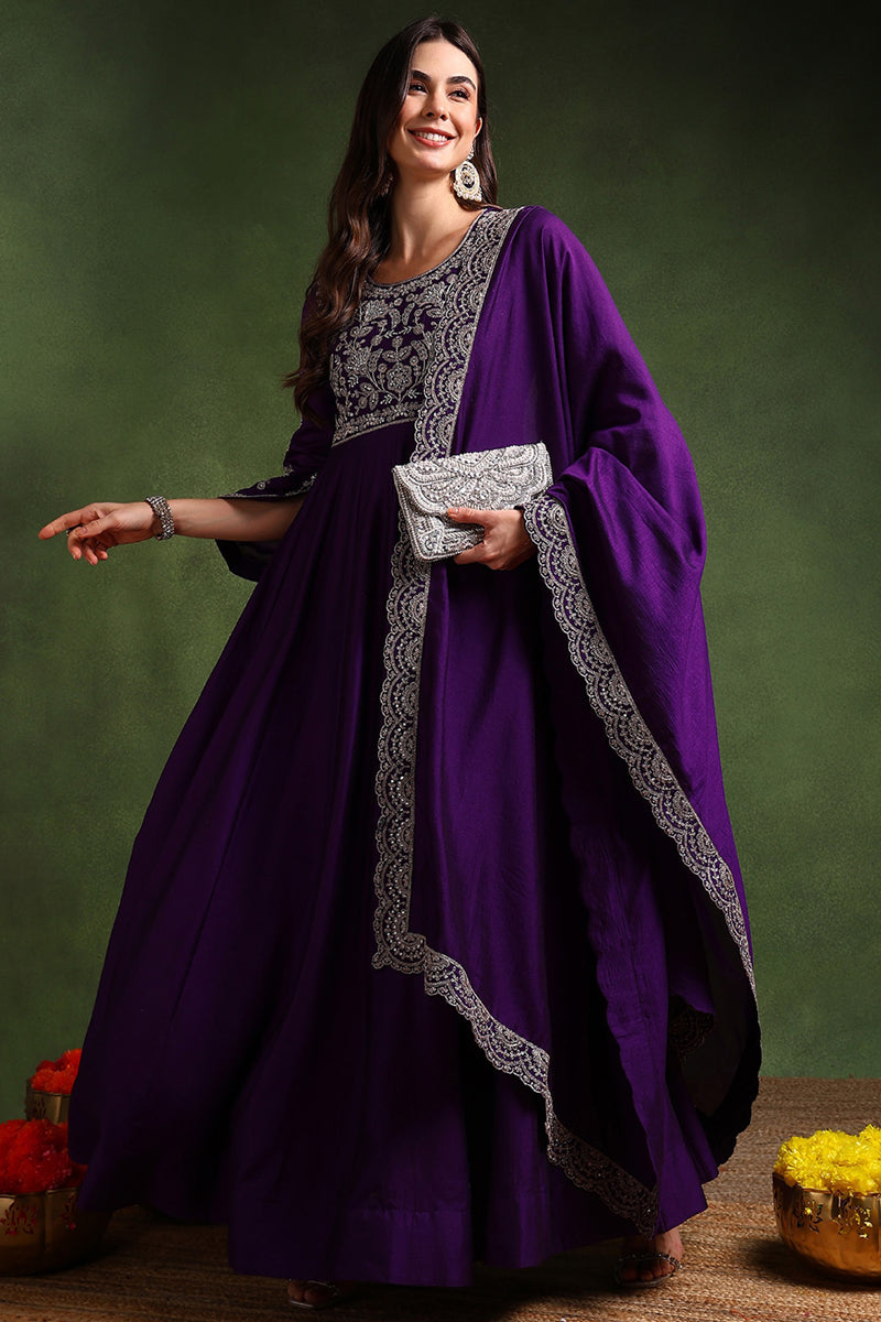 violet silk blend solid embroidered anarkali gown with dupatta vkset1522