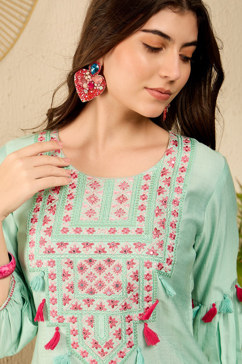 sea green viscose rayon solid embroidered straight salwar kurta set vkset1528