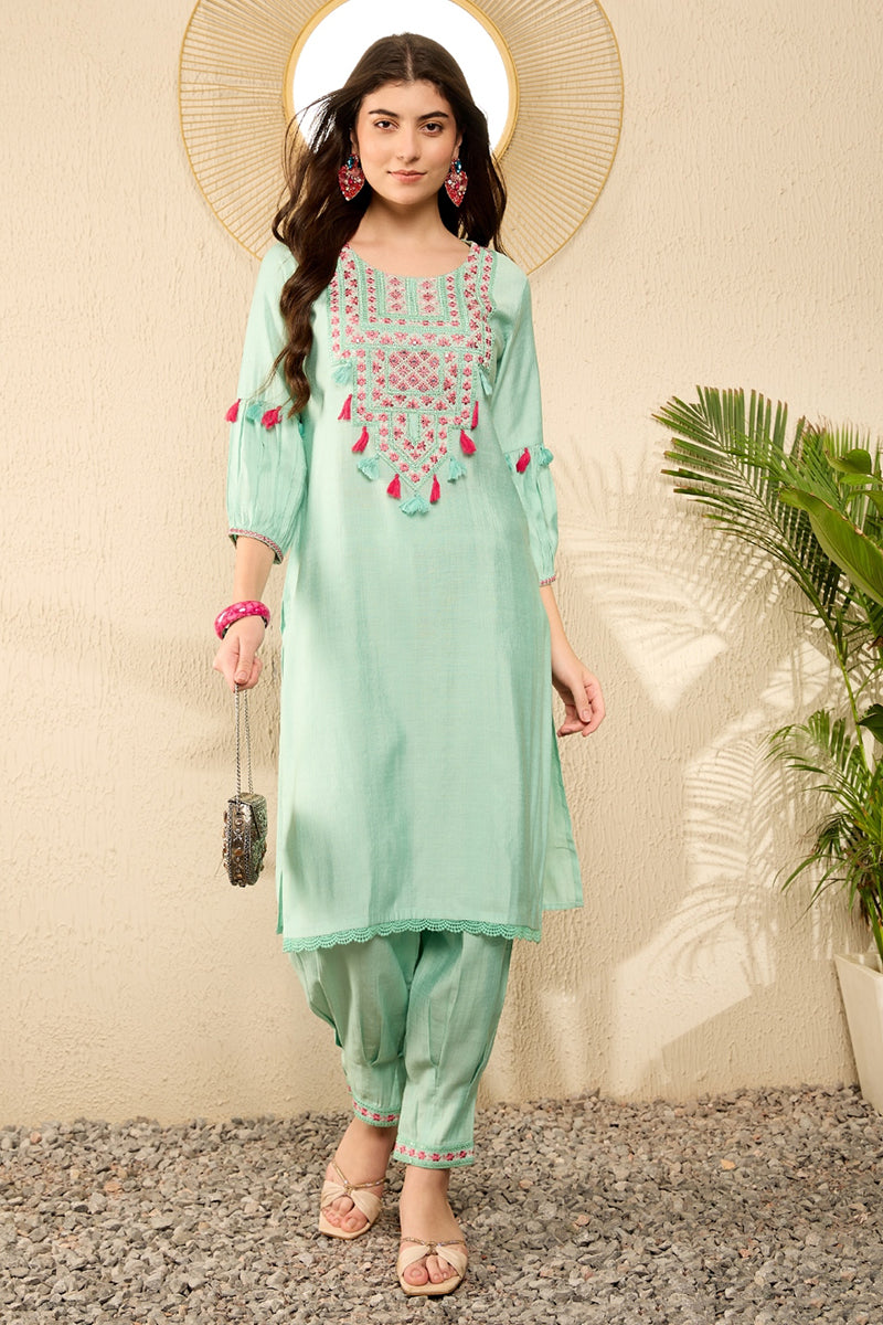sea green viscose rayon solid embroidered straight salwar kurta set vkset1528
