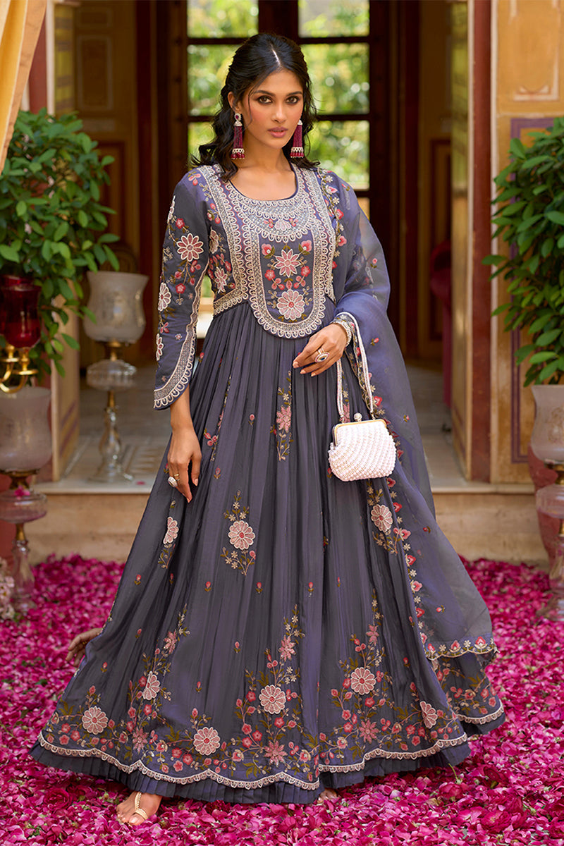 purple silk blend solid embroidered anarkali gown with dupatta vkset1540