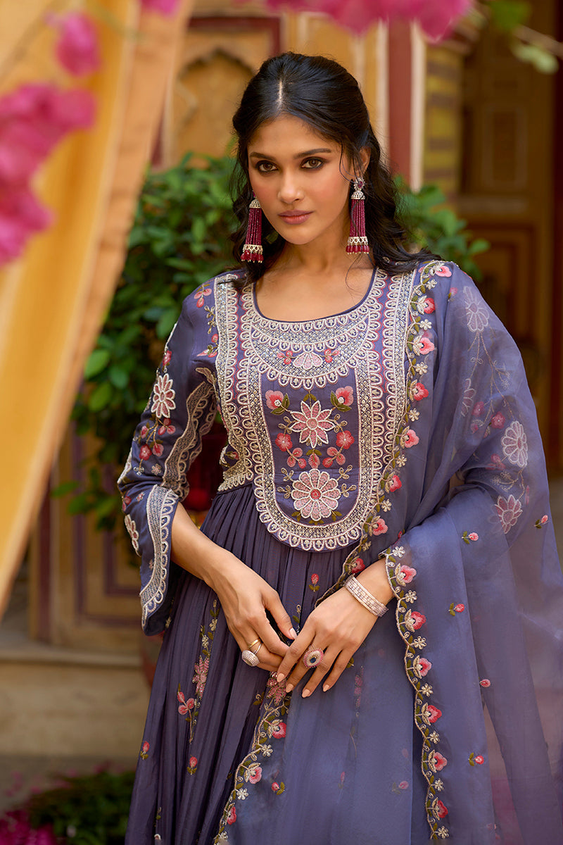 purple silk blend solid embroidered anarkali gown with dupatta vkset1540
