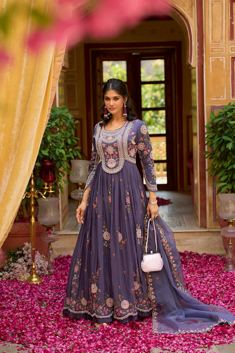 purple silk blend solid embroidered anarkali gown with dupatta vkset1540
