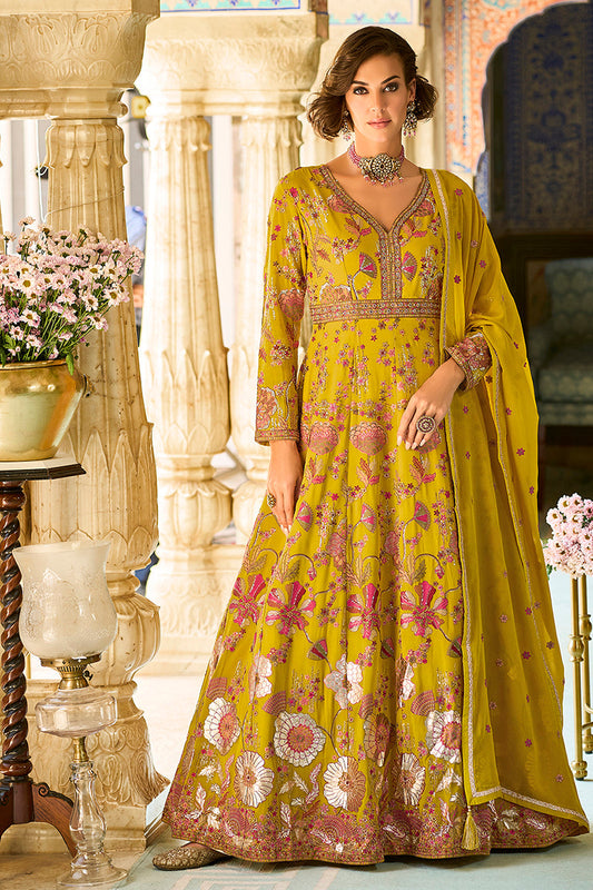 mustard georgette solid embroidered anarkali gown with dupatta vkset1553