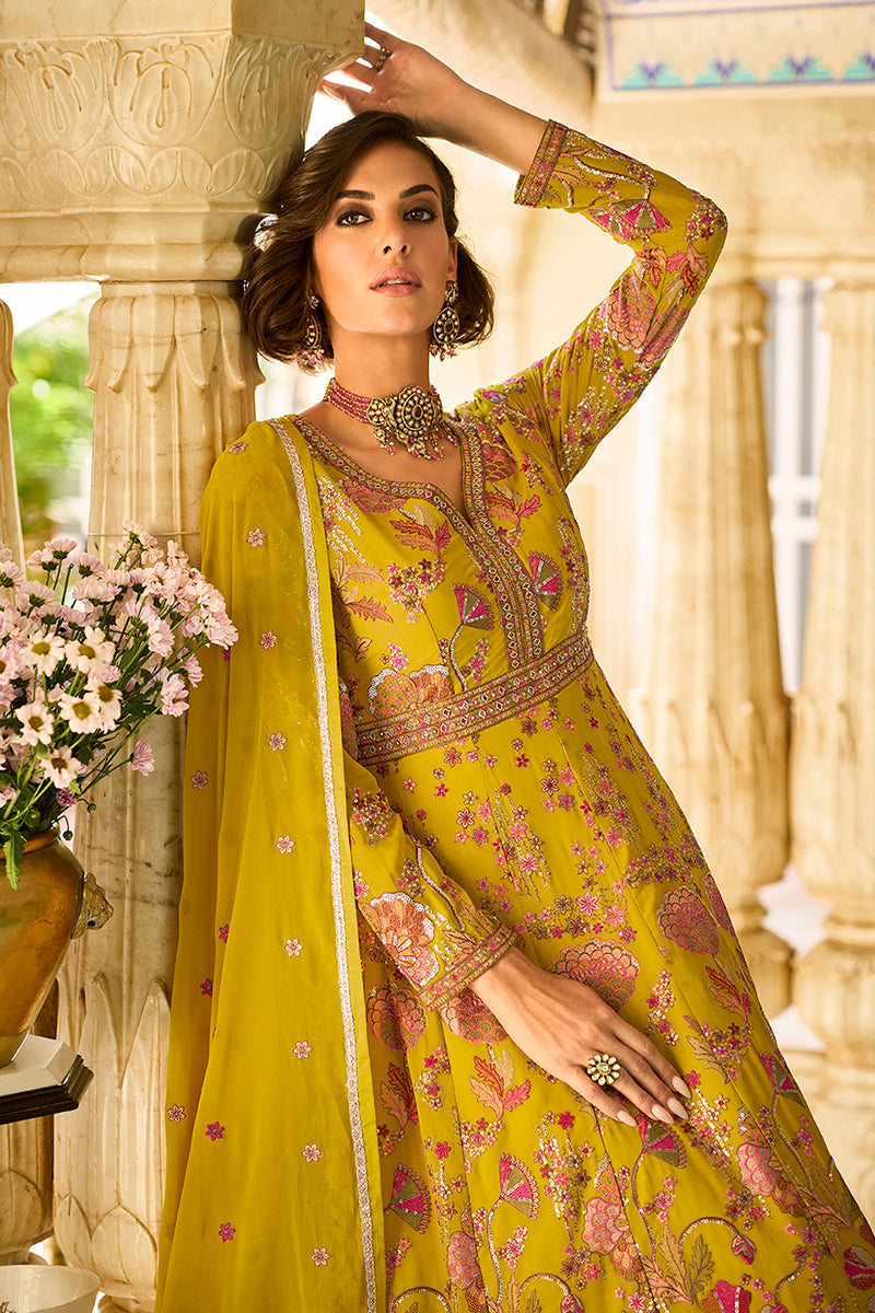 mustard georgette solid embroidered anarkali gown with dupatta vkset1553