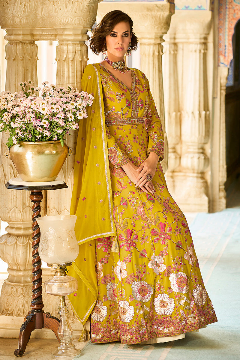 mustard georgette solid embroidered anarkali gown with dupatta vkset1553