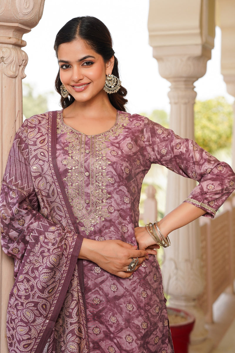 mauve silk blend ombre straight kurta trousers with dupatta