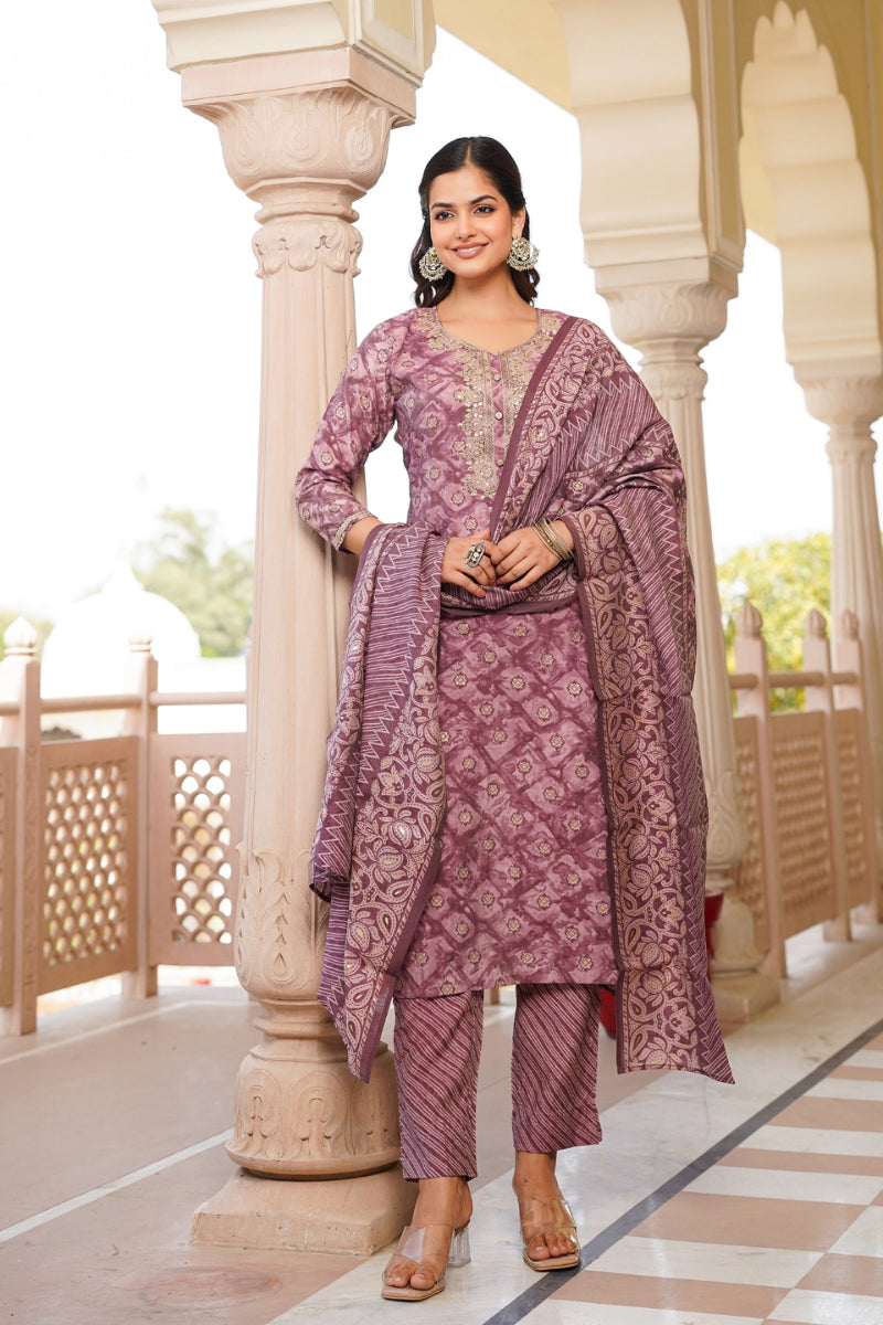 mauve silk blend ombre straight kurta trousers with dupatta