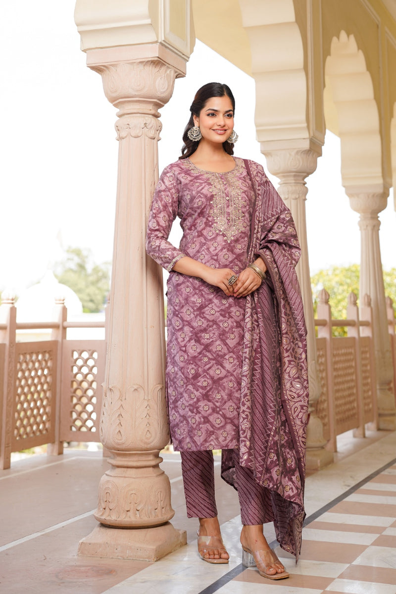 mauve silk blend ombre straight kurta trousers with dupatta