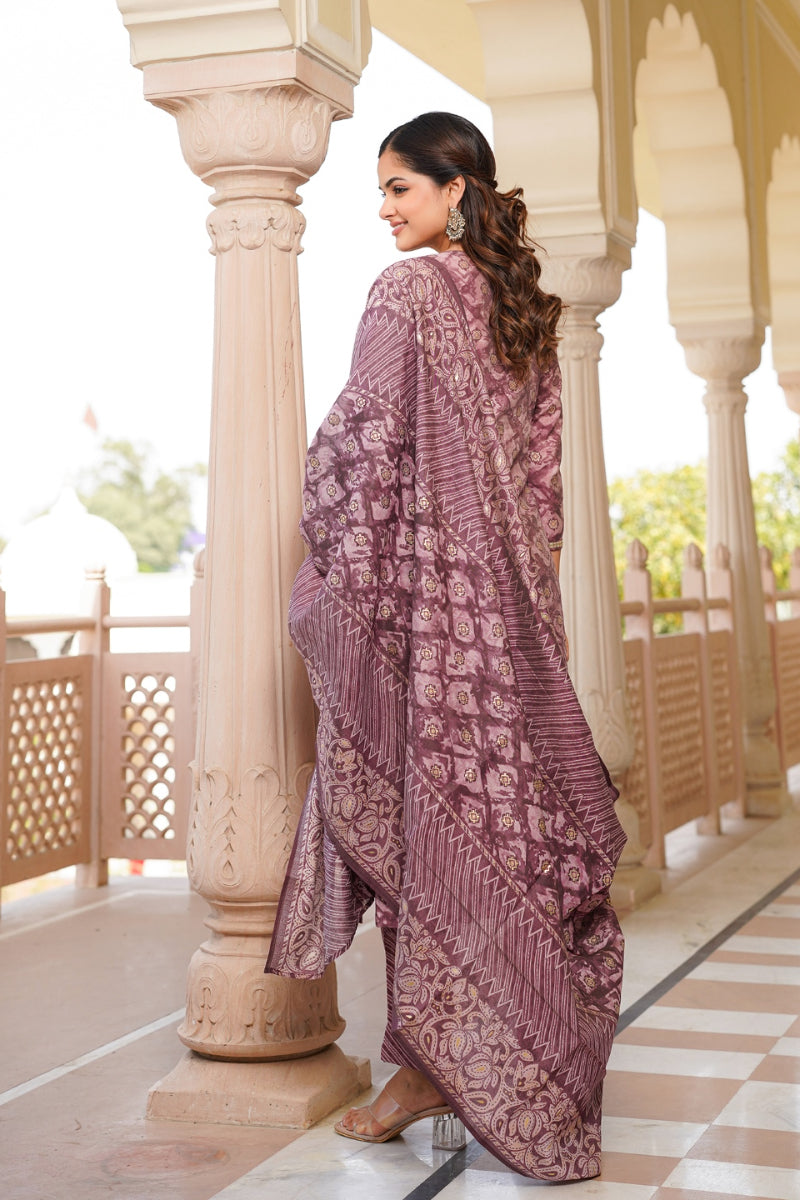mauve silk blend ombre straight kurta trousers with dupatta