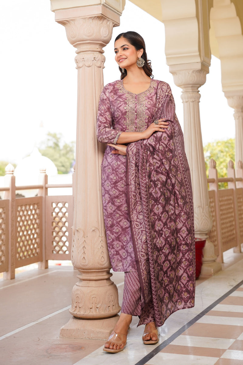 mauve silk blend ombre straight kurta trousers with dupatta