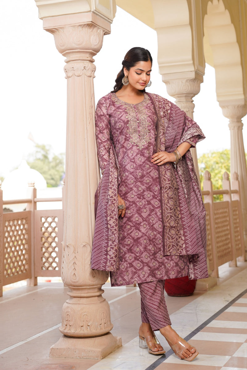 mauve silk blend ombre straight kurta trousers with dupatta