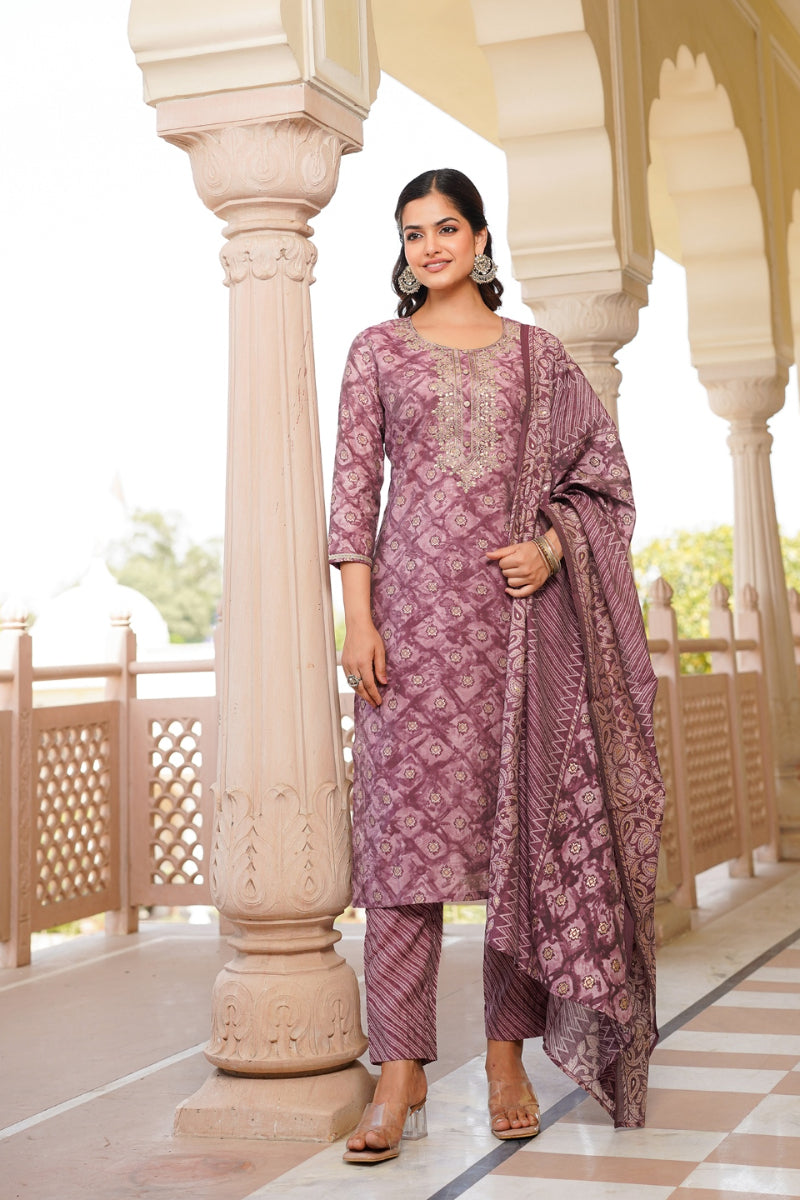 mauve silk blend ombre straight kurta trousers with dupatta