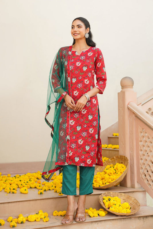 Red Rayon blend Floral Straight Kurta Pant With Dupatta