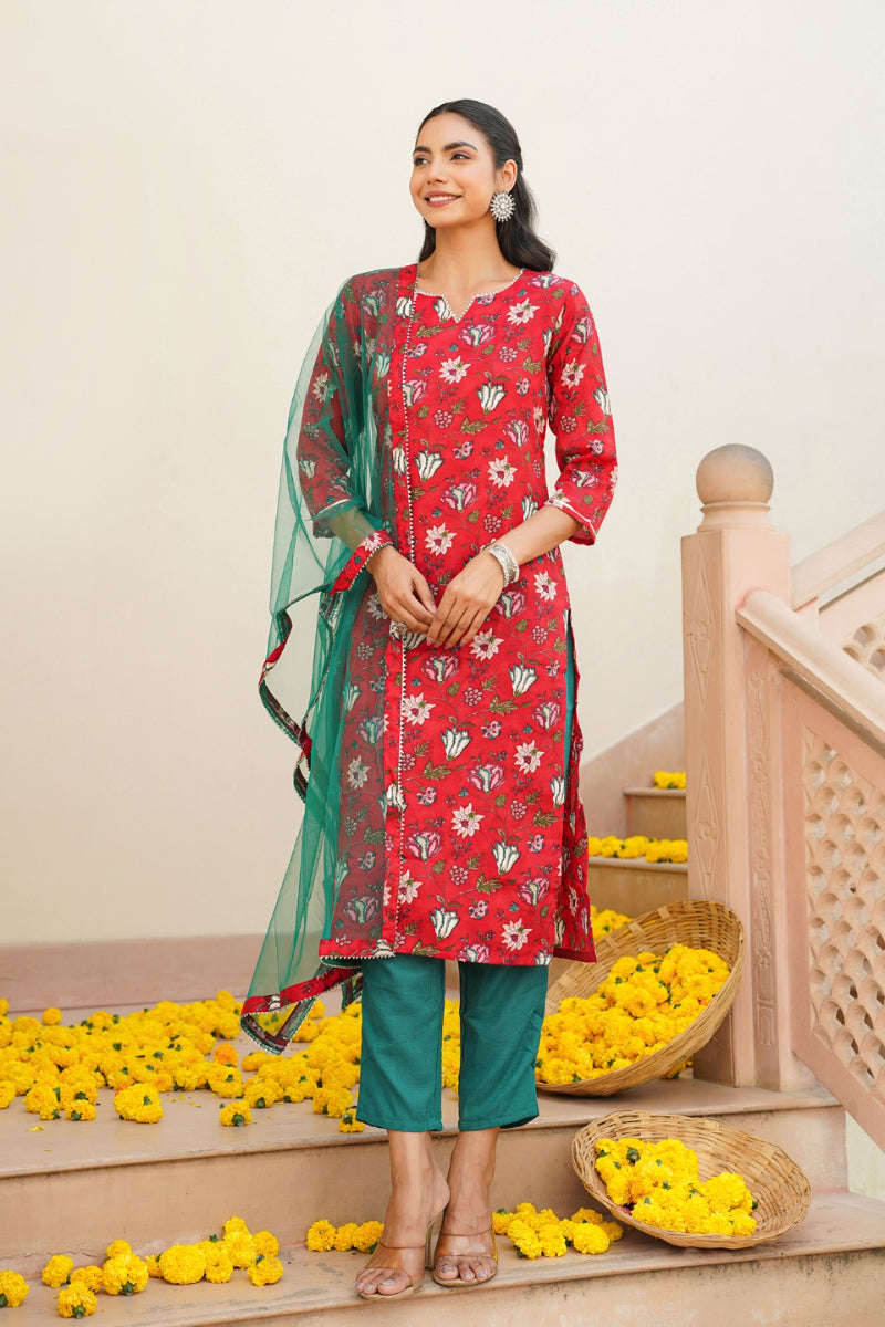 red rayon blend floral straight kurta pant with dupatta vkskd1719