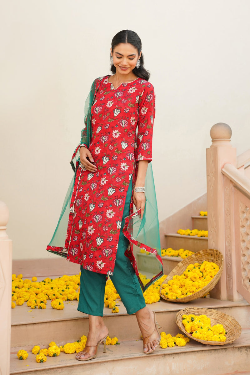 red rayon blend floral straight kurta pant with dupatta vkskd1719