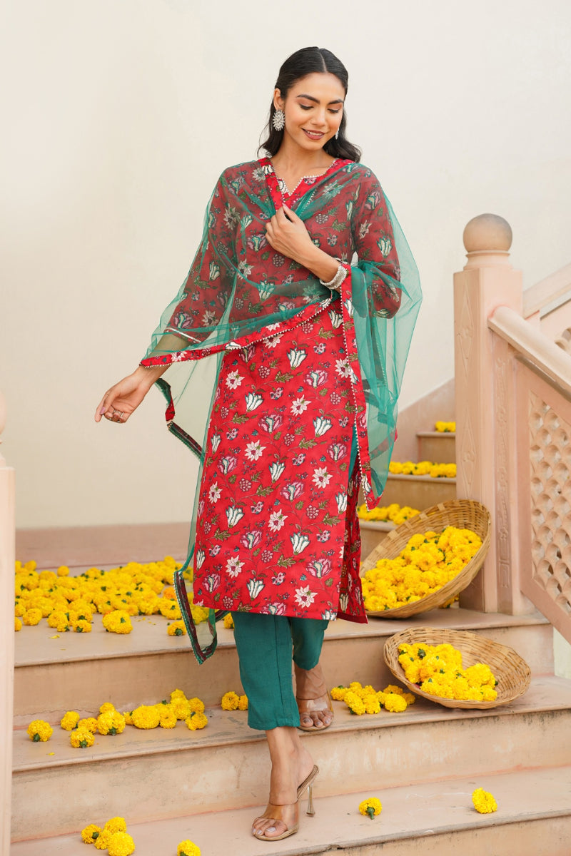 red rayon blend floral straight kurta pant with dupatta vkskd1719