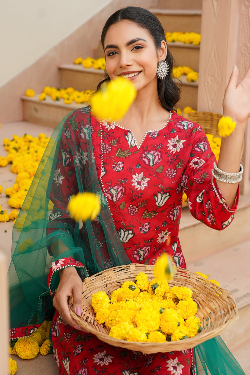 red rayon blend floral straight kurta pant with dupatta vkskd1719