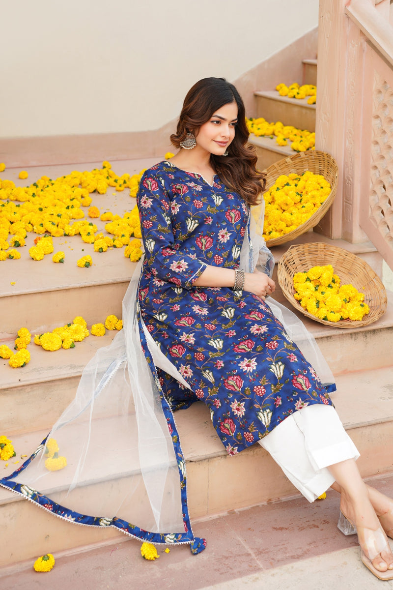 blue rayon blend printed kurta pant with dupatta vkskd1720