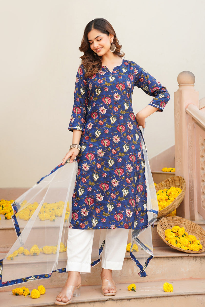 blue rayon blend printed kurta pant with dupatta vkskd1720