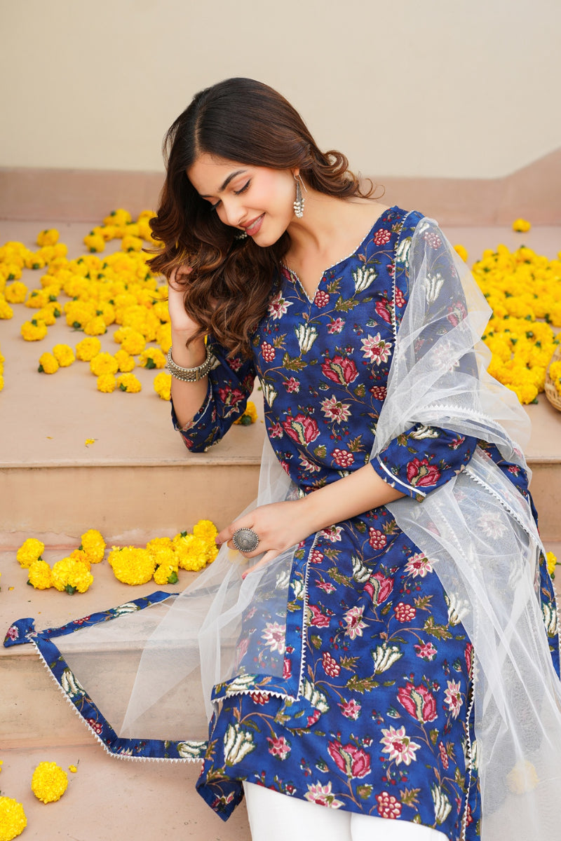 blue rayon blend printed kurta pant with dupatta vkskd1720