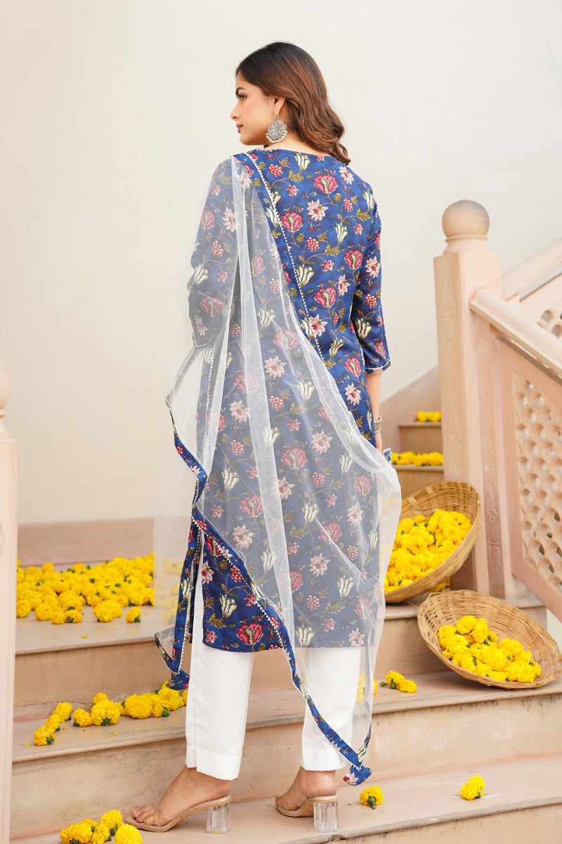 blue rayon blend printed kurta pant with dupatta vkskd1720