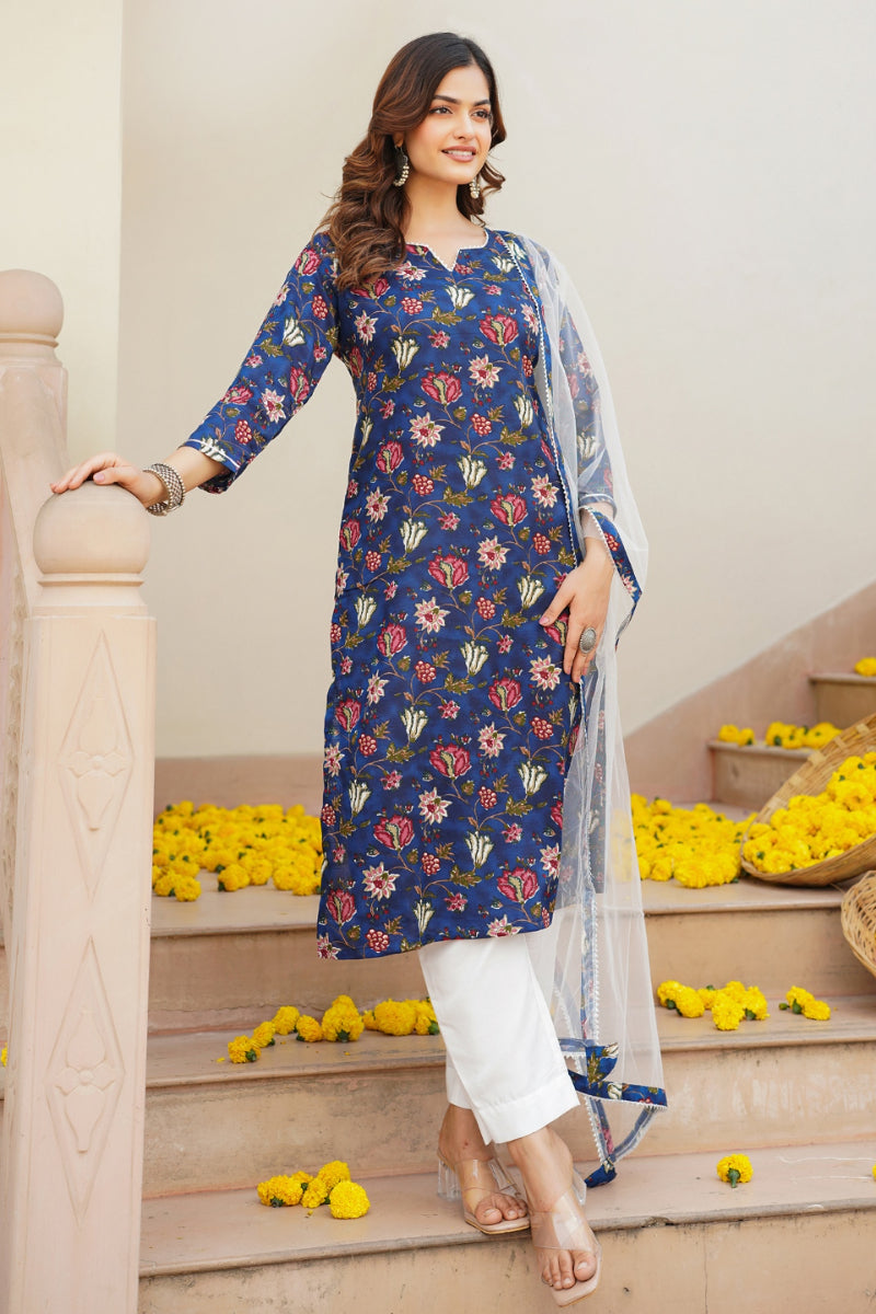 blue rayon blend printed kurta pant with dupatta vkskd1720