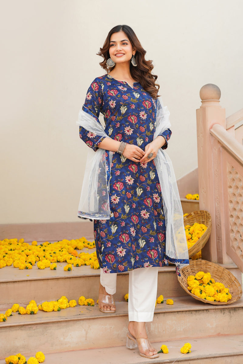 blue rayon blend printed kurta pant with dupatta vkskd1720