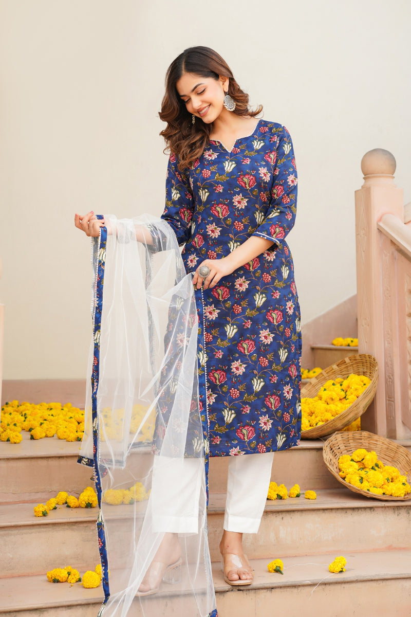 blue rayon blend printed kurta pant with dupatta vkskd1720