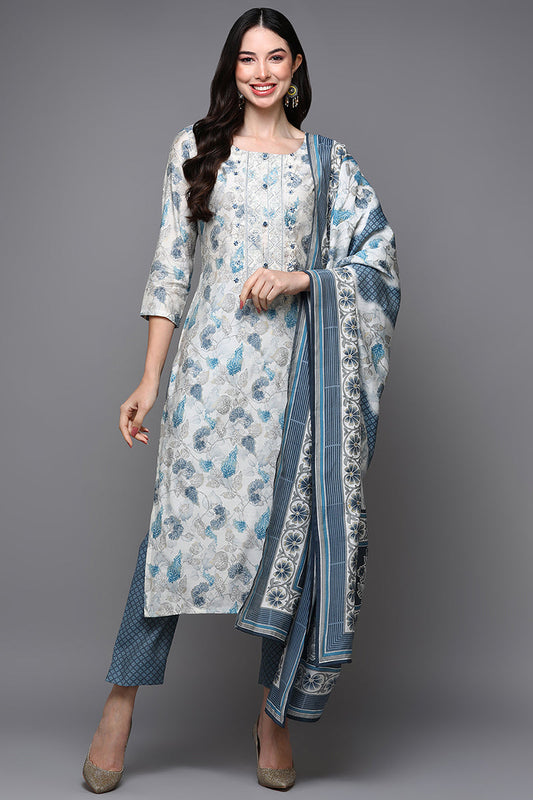 poly chanderi printed floral embroidered suit set vkskd1744