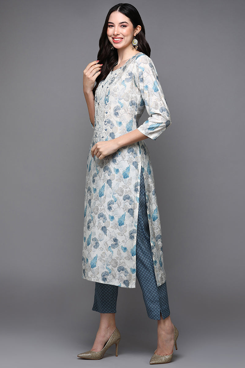 Off White Poly Chanderi Floral Straight Suit Set
