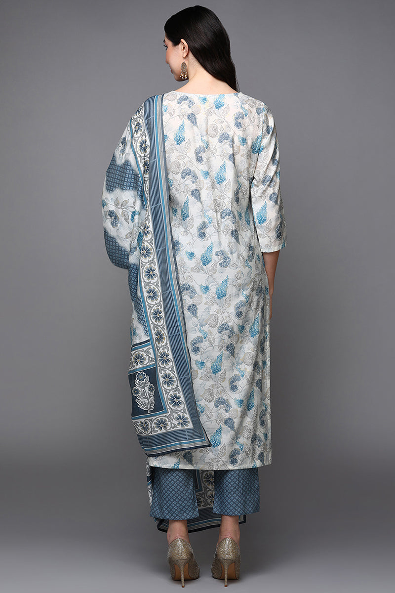 Off White Poly Chanderi Floral Straight Suit Set