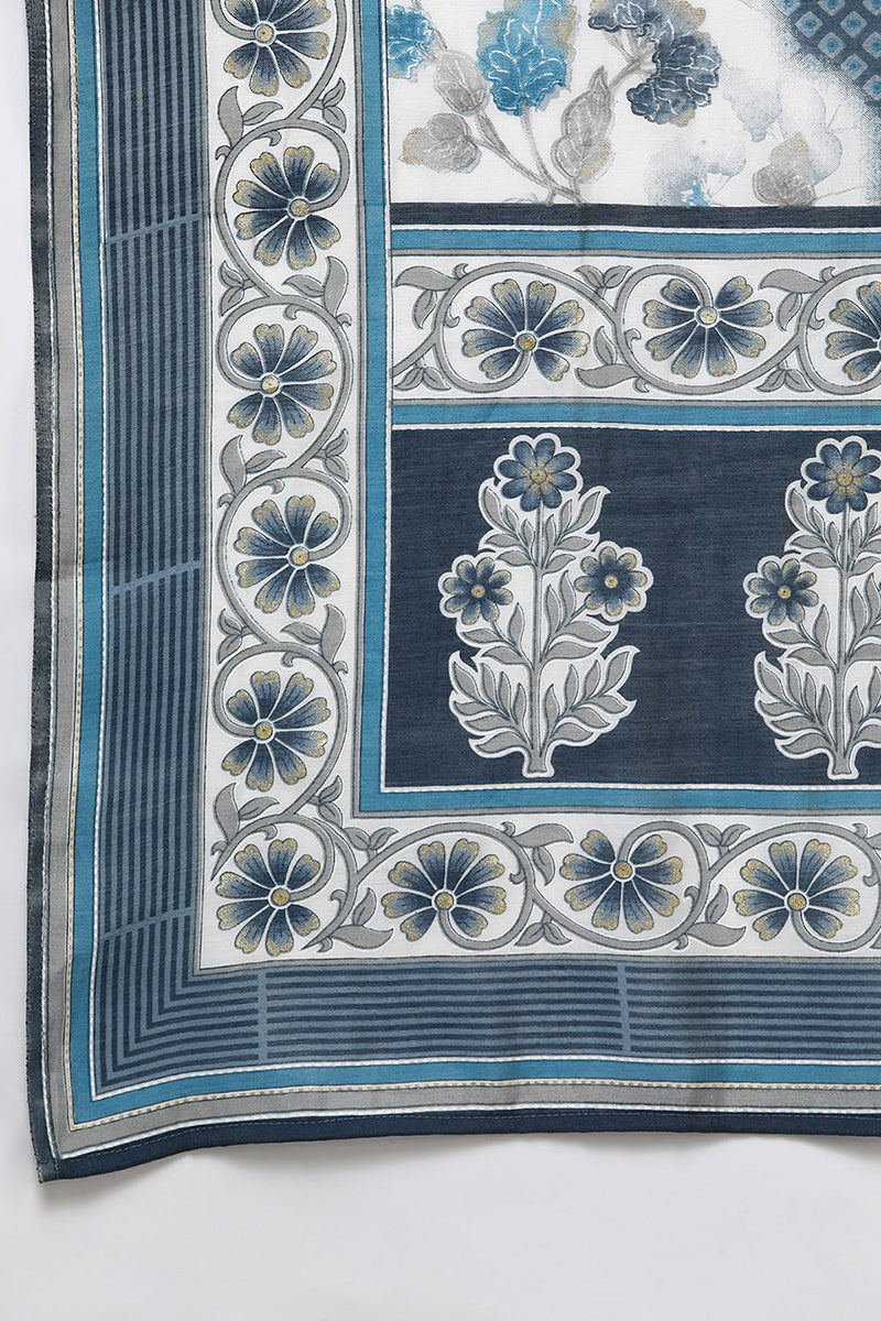 Off White Poly Chanderi Floral Straight Suit Set